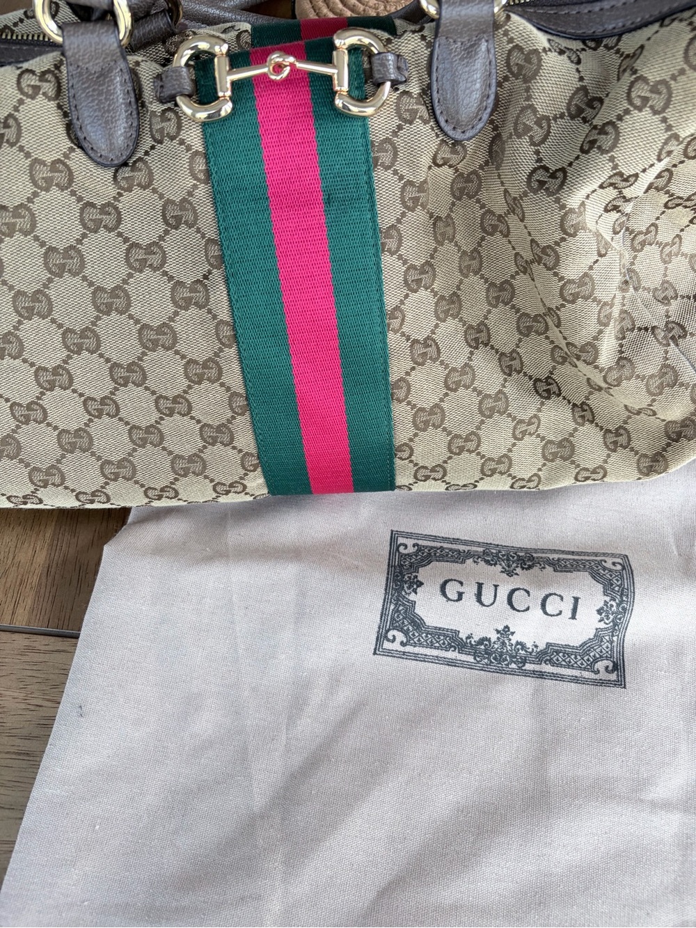 Beige Canvas Tote with Green and red Web Stripe